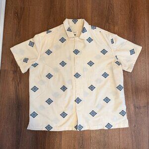 American Eagle Cream and Blue Men's Collared Short Sleeve Button Down Size XL